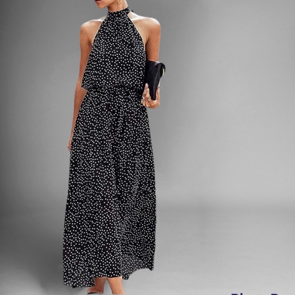 Temofon black with white polka dots backless halter maxi sundress- M - Picture 10 of 10